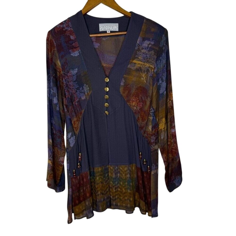 Dorothy Schoelen Platinum M Boho Tunic Top Sheer Mixed Floral Button Detail USA